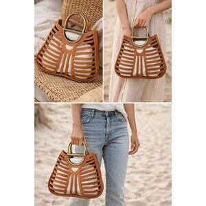 Boho Cutout Leather Handbag Cognac Brown Cage Top Handle Purse Removable Pouch